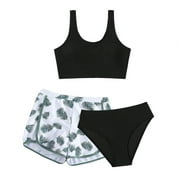 HUCOAE 3PCS Bathing Suits For Teens Clothes For Teen Girls Girls 3 Piece Bathing Suit Summer Racerback Swimsuit With Shorts Beach Tankini Sets Black 12-13 Years